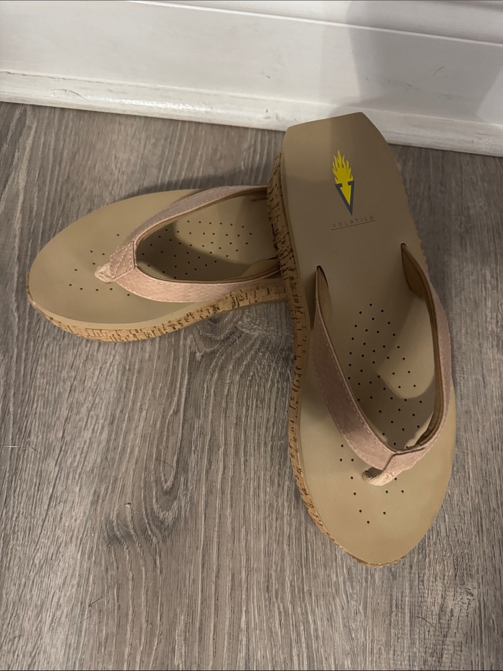 Volatile Beige Cork Wedge Flip Flops